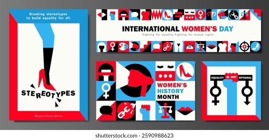 Set of bold geometric feminist posters, banners, cards for Women's History Month, International Women's day with powerful geometric illustration. Gender equality, self empowerment, human rights art