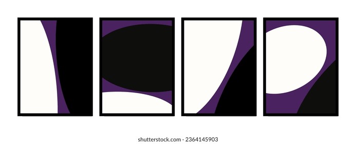 Set of bold geometric shapes in black and white on a purple background, perfect for contemporary wall art, minimalist prints, boho, and Scandinavian decor. Ideal for posters and home decoration.