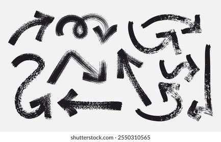 A set of bold grunge black brushstroke arrows in various shapes and directions, ideal for creative designs, navigation graphics, and artistic projects