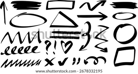 Set of bold hand drawn black arrows, shapes, marks, and highlight elements on transparent background. Great for annotations, expressive notes, and sketch-style design