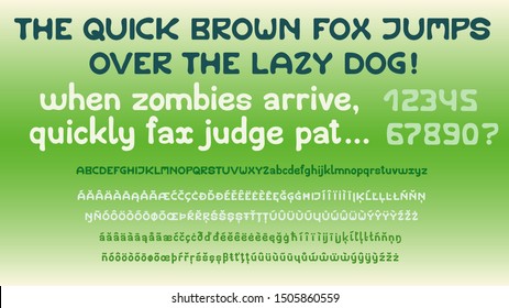 Set of bold handwritten sans serif characters. Basic uppercase and lowercase letters, numbers and multilingual support. 