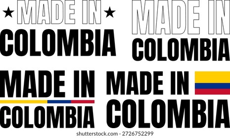 Conjunto de iconos en negrita que muestran texto hecho en Colombia con emblema y bandera
