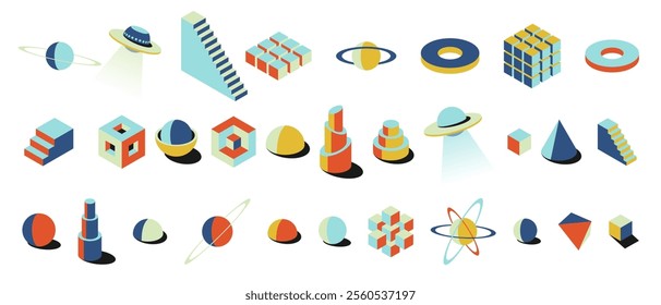 Set of bold isometric 3D forms in retro brutalist style. Colorful geometric shapes like planets, UFOs and spheres. Ideal for vibrant posters, cards, modern wall art or creative design projects