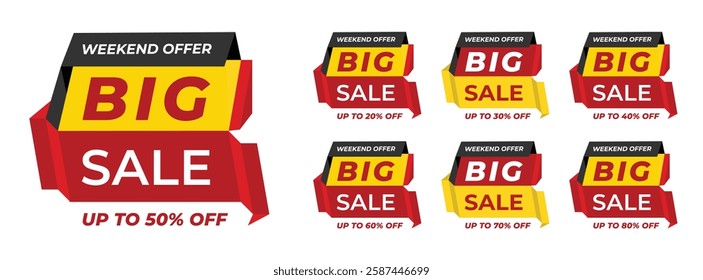 Set of bold and modern big sale tags with a 3D ribbon effect, perfect for weekend promotions and discount campaigns. The design features red, yellow, and black color schemes with percentage discounts 