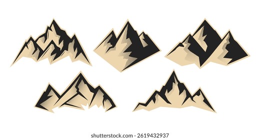 Set of bold mountain peaks in retro textured style. Perfect for hiking, adventure, outdoor gear and vintage graphic design. Mountain icons set in vintage retro style. Vector illustration