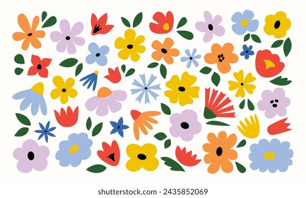 Set of bold naive colorful flowers and leaves in retro groovy style isolated on white background. Perfect for children's graphic design