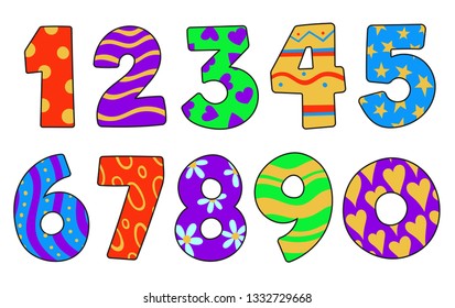 Set of bold numbers collection. Colorful decoration. Hand drawn numbers vector illustration.