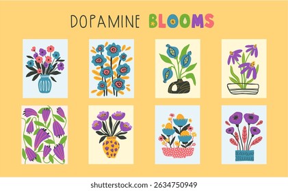 Set of bold optimistic greeting cards or posters templates, bright positive funny hand drawn flowers in naive style, textured vector illustration