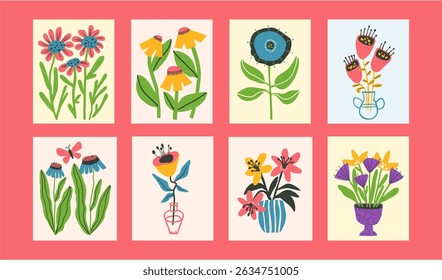 Set of bold optimistic greeting cards or posters templates, bright positive funny hand drawn flowers in naive style, textured vector illustration