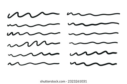 Set of bold pen scribble lines, vector hand drawn brush stripes, pencil underline, marker wavy strokes collection. Doodle illustration isolated on white background.