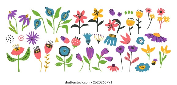 Set of bold positive flowers clip arts hand drawn in naive style, optimistic bright floral illustration, vector isolated items on white