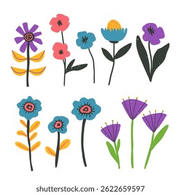 Set of bold positive flowers clip arts hand drawn in naive style, optimistic bright floral illustration, vector isolated items on white