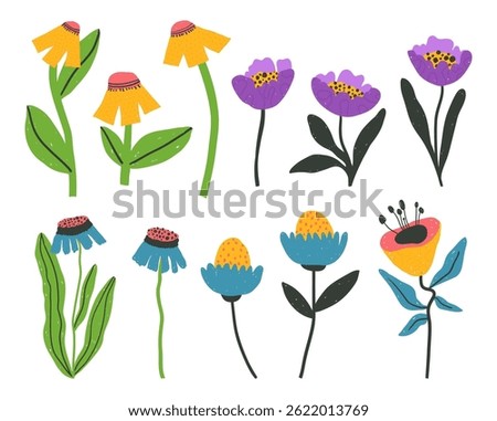 Set of bold positive flowers clip arts hand drawn in naive style, optimistic bright floral illustration, vector isolated items on white