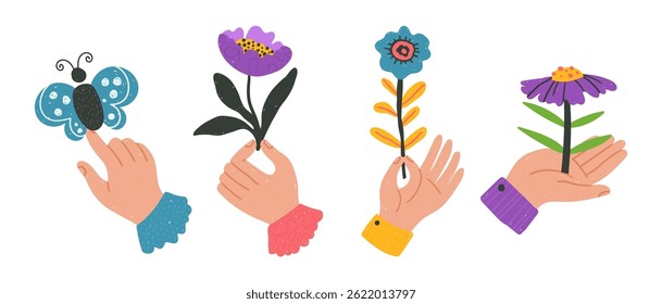 Set of bold positive flowers and hands clip arts hand drawn in naive style, optimistic bright floral illustration, vector isolated items on white