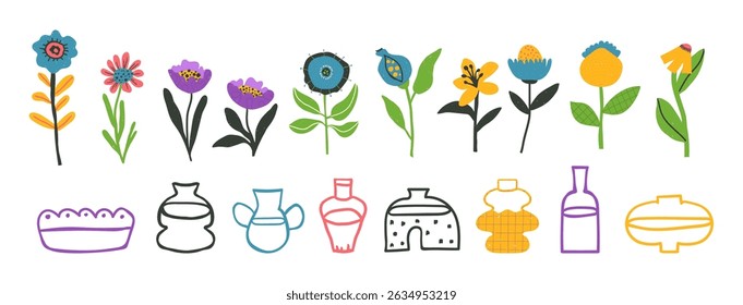 Set of bold positive flowers and vases clip arts hand drawn in naive style, optimistic bright floral illustration, vector isolated items on white