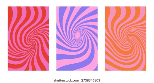Set of bold retro spiral posters with vibrant color contrast and hypnotic swirl composition. Trendy abstract vector design for wall art, cover and fashion branding.