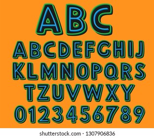 Set of bold, sans-serif, bright, cartoon letters. Font for childish design of postcards, posters and stickers.
