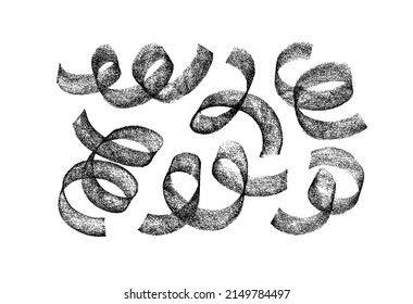 Set fett strukturierter Schwirle mit Rauschen. Schwache und geschmeidige Linien, trockene, gewölbte Pinselstriche. Abstrakte Pinseldoodles. Grunge Freehand Zeichnungen. Handgezeichnet abstrakter Farbhintergrund. Einzelne Clipkunst 