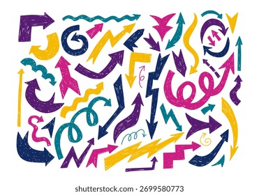 Conjunto de flechas atrevidas y delgadas con textura de marcador. Coloridos Elementos dibujados a mano para el diseño de la escuela. Ilustración vectorial aislada en un fondo blanco.
