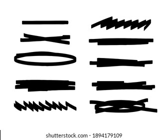 Set of bold underline and black highlight. Collection of lines and other elements for highlighting or strikethrough text. Vector stock illustration of graphic doodles on a white background.