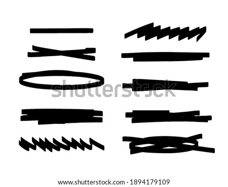 Set of bold underline and black highlight. Collection of lines and other elements for highlighting or strikethrough text. Vector stock illustration of graphic doodles on a white background.