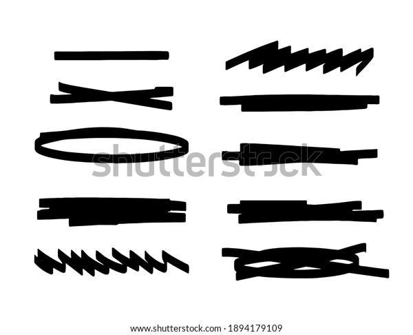 Set of bold underline and black highlight.\
Collection of lines and other elements for highlighting or\
strikethrough text. Vector stock illustration of graphic doodles on\
a white background.