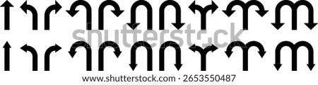 Set of Bold U-Turn and Arrow Icons, Collection of bold black directional arrow icons including U-turns, straight, curved, and loop arrows on white background.