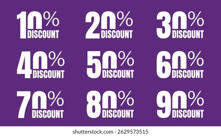 Set of bold and vibrant discount labels from 10% to 90% off, perfect for e-commerce, marketing banners, and promotional posters.