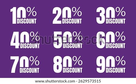 Set of bold and vibrant discount labels from 10% to 90% off, perfect for e-commerce, marketing banners, and promotional posters.