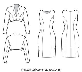 Set of bolero Suit - classic sheath dress, crop jacket technical fashion illustration with two - pieces, single breasted. Flat apparel template front, back, white color. Women, men, unisex CAD mockup