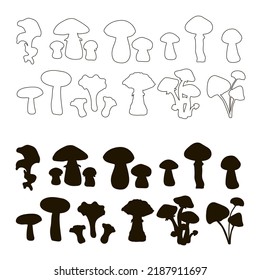 Set of boletuses, oyster mushrooms, cepes, russules, grebes, fly agarics, boletuses, chanterelles, honey agarics, drawn in the style of outline and black silhouette. Vector