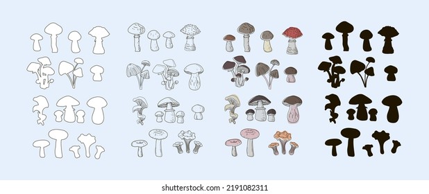 Set of boletuses, oyster mushrooms, mushrooms, mushrooms, boletuses, chanterelles, honeydew agaricus, drawn in a single line, black silhouette, outline and doodle style. Vector