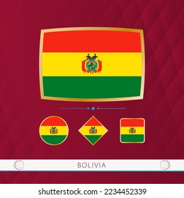 Set of Bolivia flags with gold frame for use at sporting events on a burgundy abstract background. Vector collection of flags.