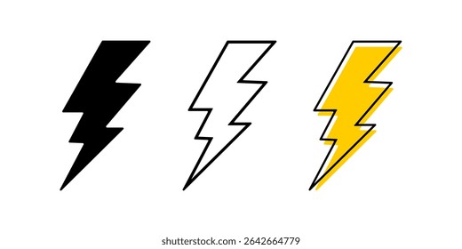 Conjunto de ícones de parafusos. Coleção de sinais de relâmpago isolados no fundo branco. Lanterna, energia, carregamento de bateria, energia ou símbolos de efeito perigoso. Ilustração gráfica vetorial.