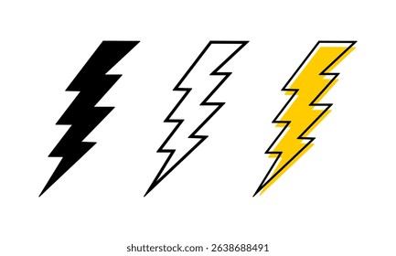 Set of bolt icons and silhouettes. Thunderbolt signs isolated on white background. Flashlight, energy, electricity or power symbols. Danger or warning pictograms. Vector graphic illustration.