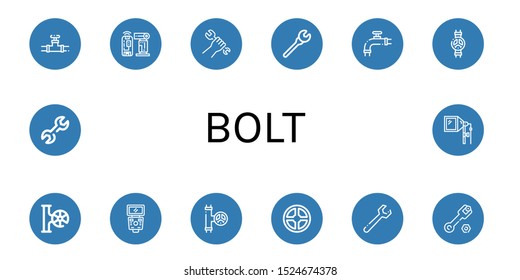 Set of bolt icons. Such as Valve, Flash, Wrench , bolt icons