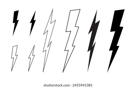 Satz von Schraubensymbolen. Donner, elektrisches Blitzlicht, Batterieladung, Warnung, Energie- oder Stromschilder. Symbole für Geschwindigkeits-, Stoß- oder Schlaganimen, isoliert auf weißem Hintergrund. Grafik-Illustration der Vektorgrafik.