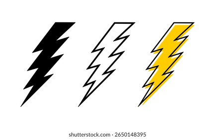 Set of bolt icons. Thunder signs isolated on white background. Flashlight, energy, power or battery charge symbols. Danger, electric or hazard pictograms. Vector graphic illustration.