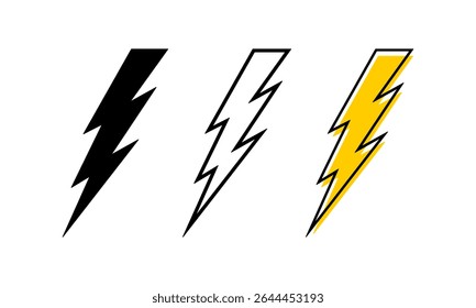 Set of bolt icons. Thunderstorm signs isolated on white background. Flashlight, energy, power or danger symbols. Battery charge pictograms. Cartoon angry or shock effect. Vector graphic illustration.
