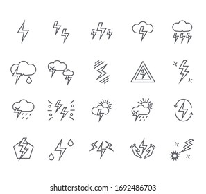 Set of bolt Related Vector Line Icons. Includes such Icons as lightning strike, electricity, energy, danger sign, thunderstorm and more.