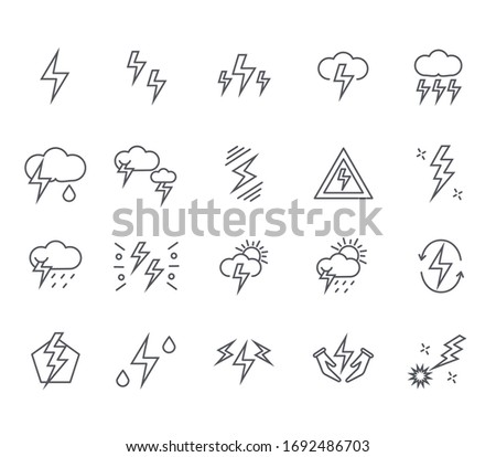 Set of bolt Related Vector Line Icons. Includes such Icons as lightning strike, electricity, energy, danger sign, thunderstorm and more.