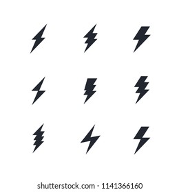 set of the bolts of lightning. Vector minimalistic flash icons. Thunder elements. Flat design.