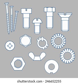 Set of bolts, nut and washers