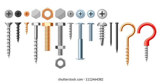 Set of bolts nuts nails. Various iron screws collection.
