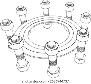 Set of bolts or nuts technical drawing CAD stylized industrial pipe component or flange assembly, part of a pressurized system, oil, gas, waterworks, or chemical pipelines