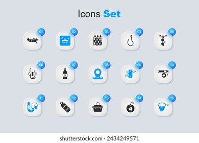 Set Bomb, Bottle of vodka, Winter fishing, Worm, Fishing net, rod, Inflatable boat with motor and Location icon. Vector