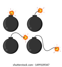 set of bomb with burning wick on a white background