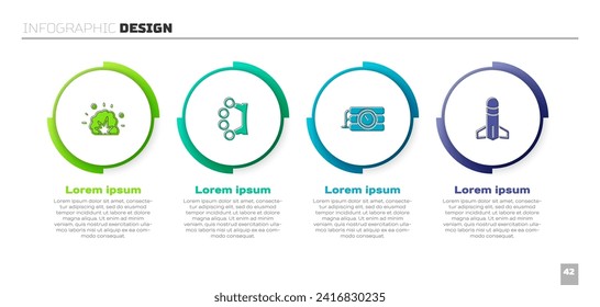 Ponga en marcha la explosión de la bomba, las manguetas de Brass, el reloj de dinamita y temporizador y el cohete. Plantilla de infografía empresarial. Vector