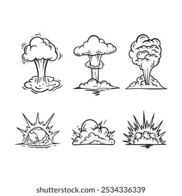 Conjunto de desenhos animados explosão bomba em mão desenhado estilo doodle com nuvens, fumaça, projeto de vetor boom