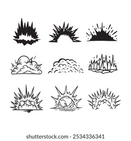 Conjunto de desenhos animados explosão bomba em mão desenhado estilo doodle com nuvens, fumaça, projeto de vetor boom